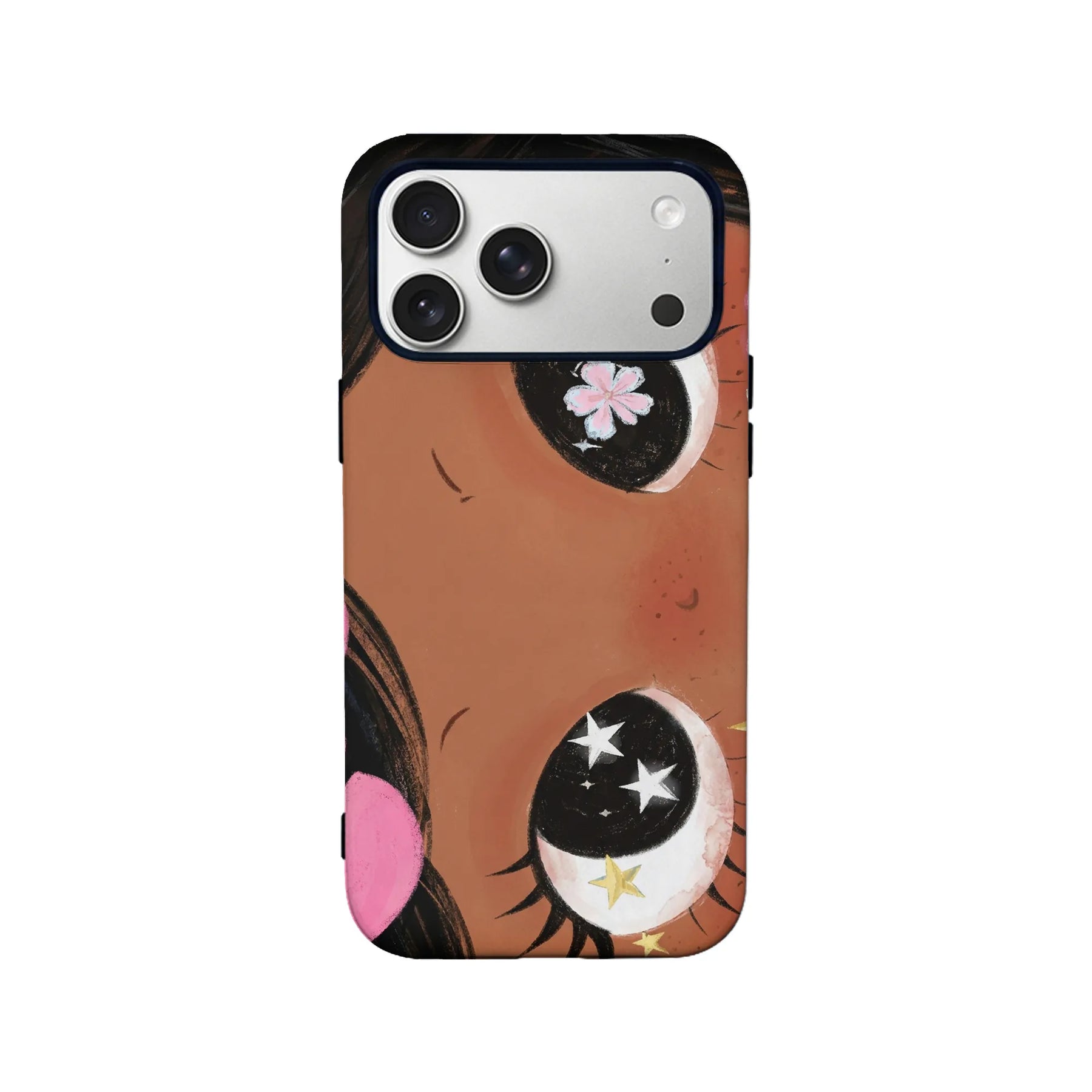 Brown illustrated face phone case with large eyes, black camera border, rear view