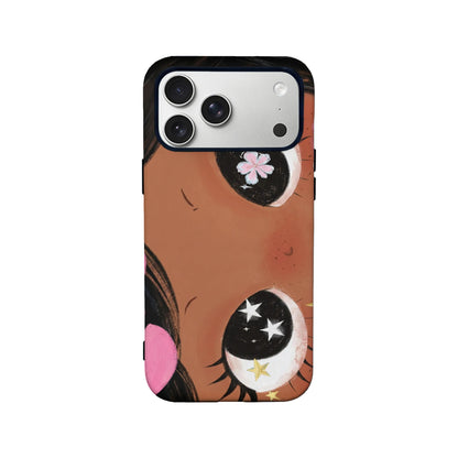 Brown illustrated face phone case with large eyes, black camera border, rear view