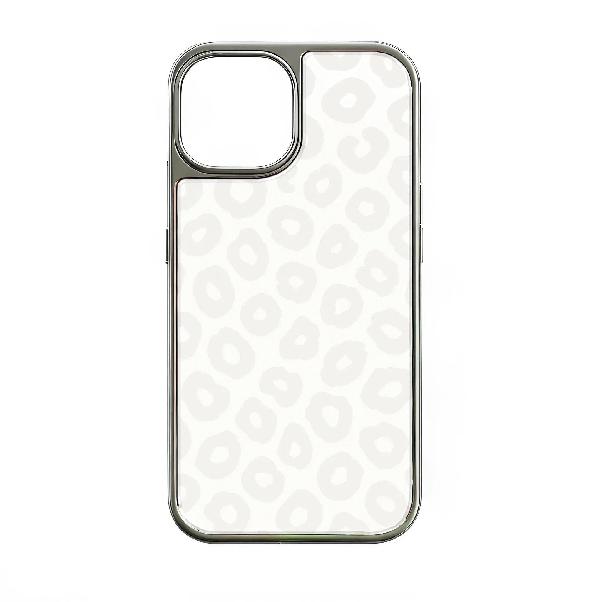 Silver-edged white leopard pattern phone case, rear view for Shopify product listing