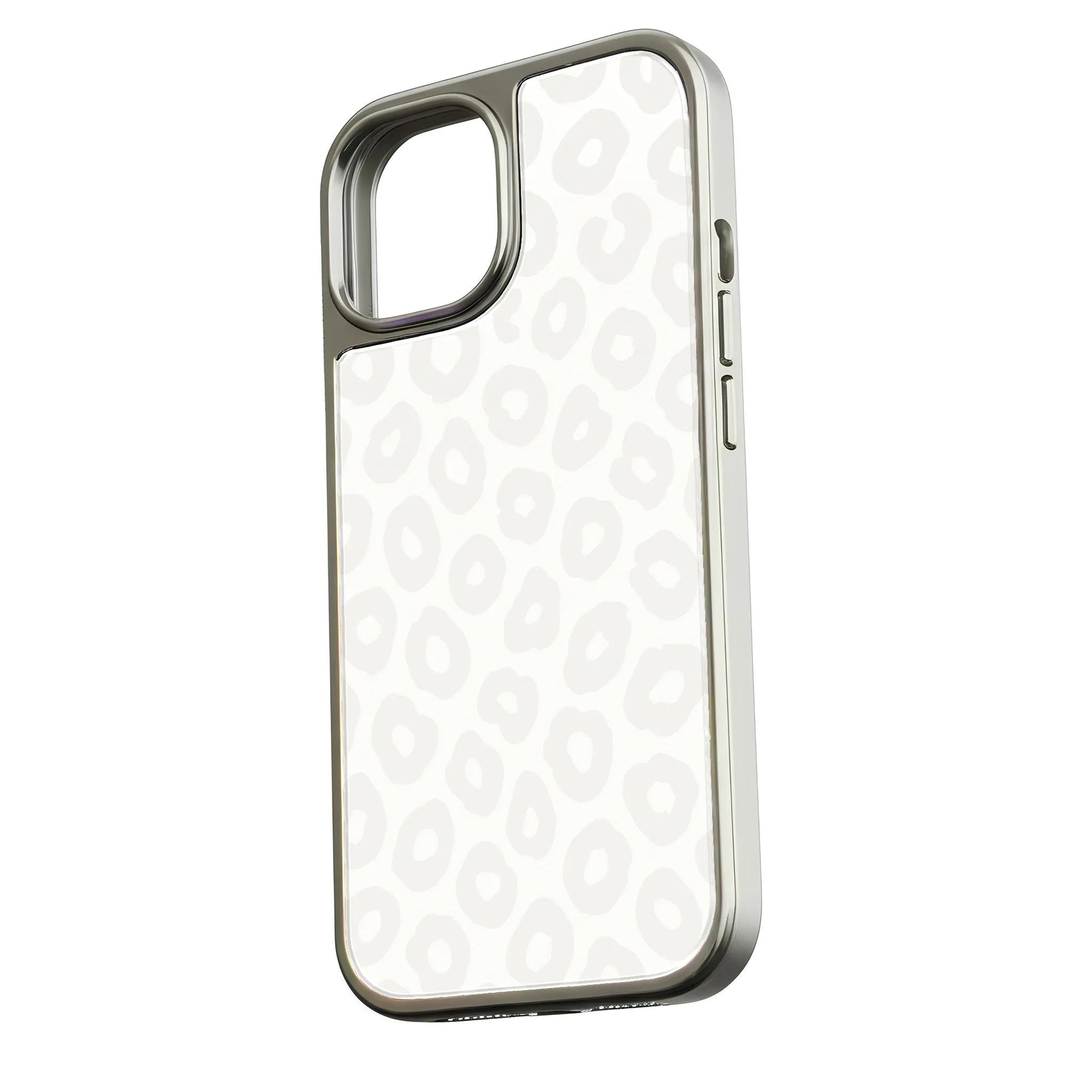 Silver edged phone case with white leopard pattern, angled rear view showing camera cutout