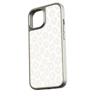 Silver edged phone case with white leopard pattern, angled rear view showing camera cutout