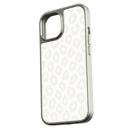 Silver edged phone case with white leopard pattern, angled rear view showing camera cutout