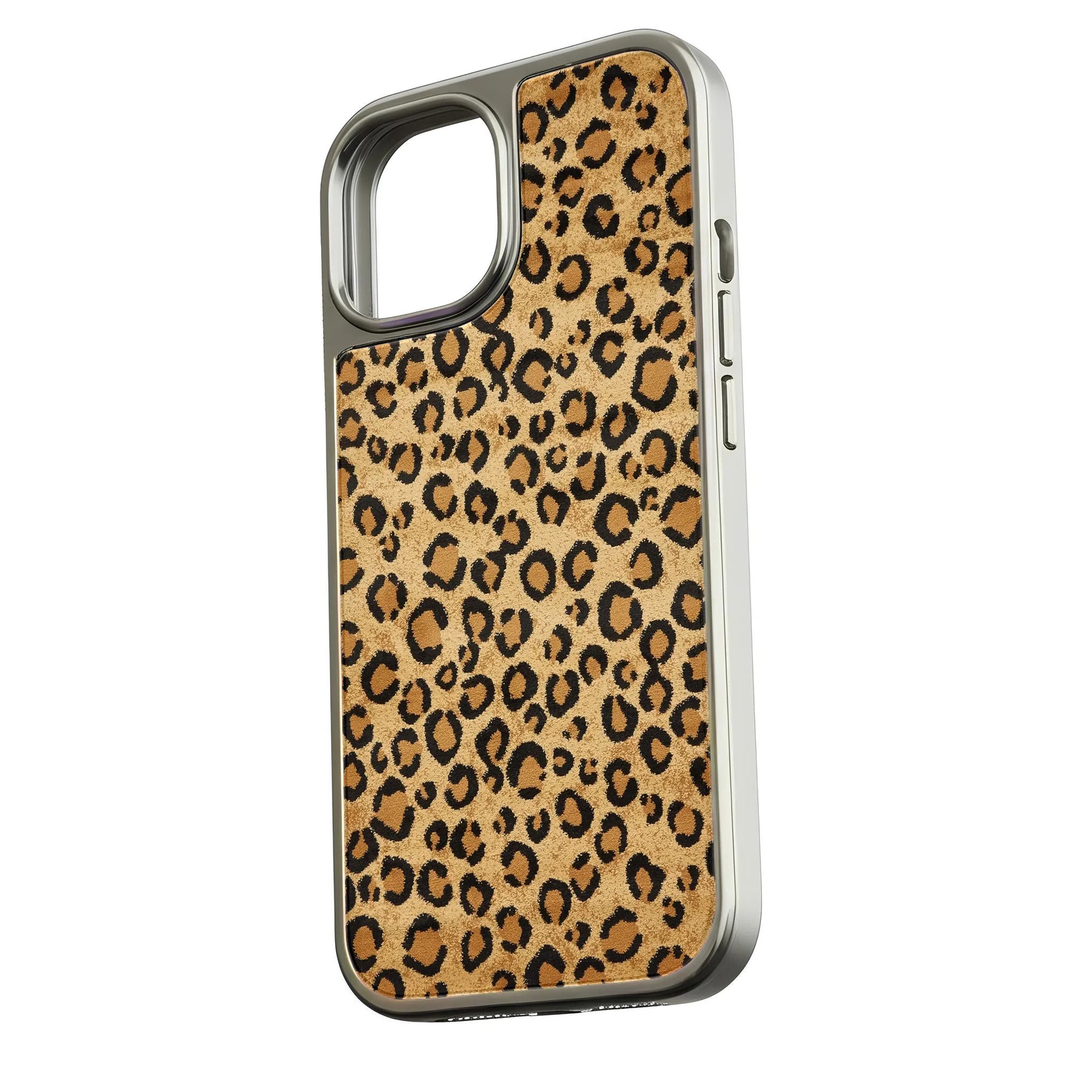 Silver framed phone case with tan leopard print back, angled rear product view