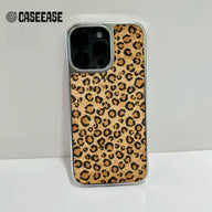 Tan and black leopard print phone case close-up, rear camera angle