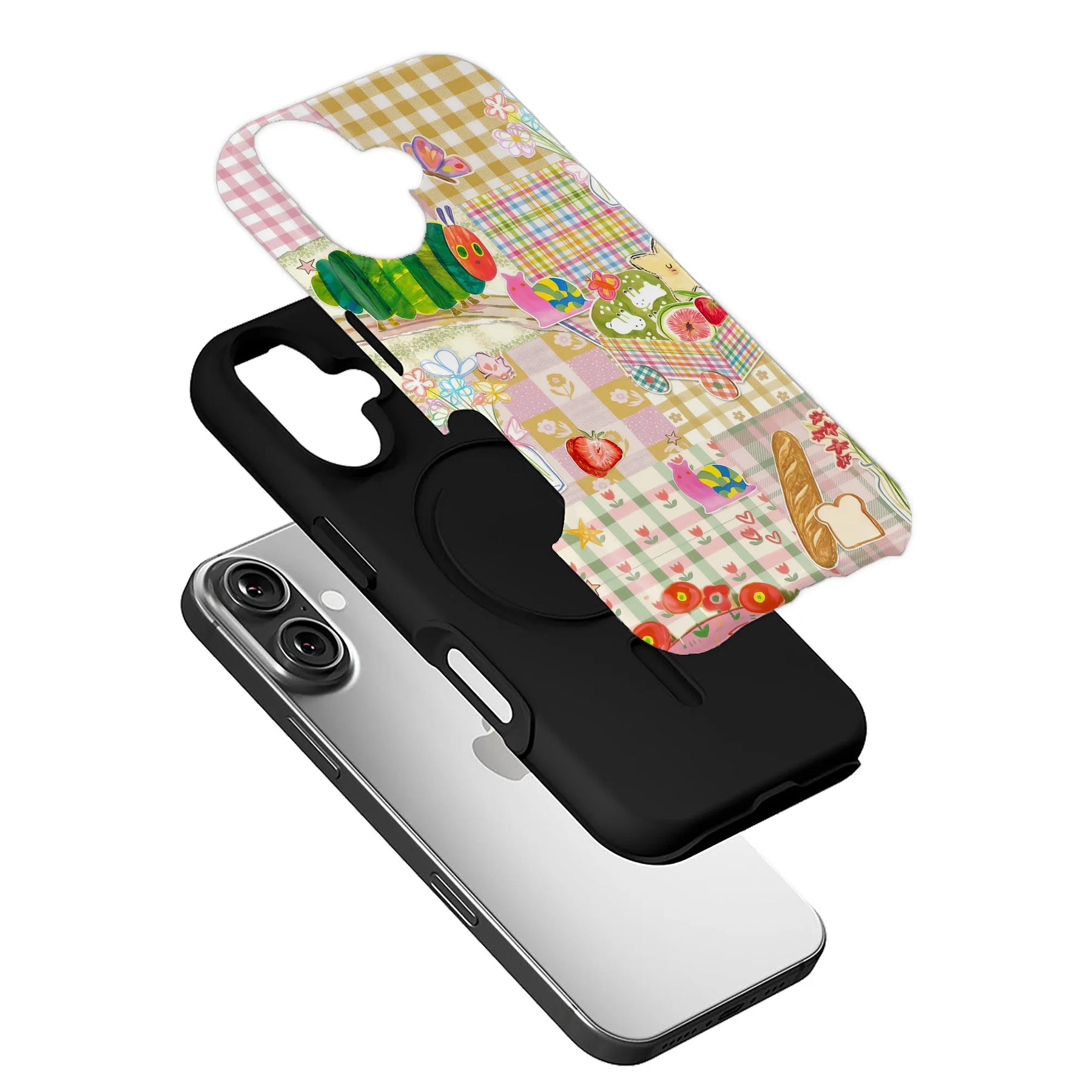 Colorful patchwork picnic phone case insert above black case in angled product display