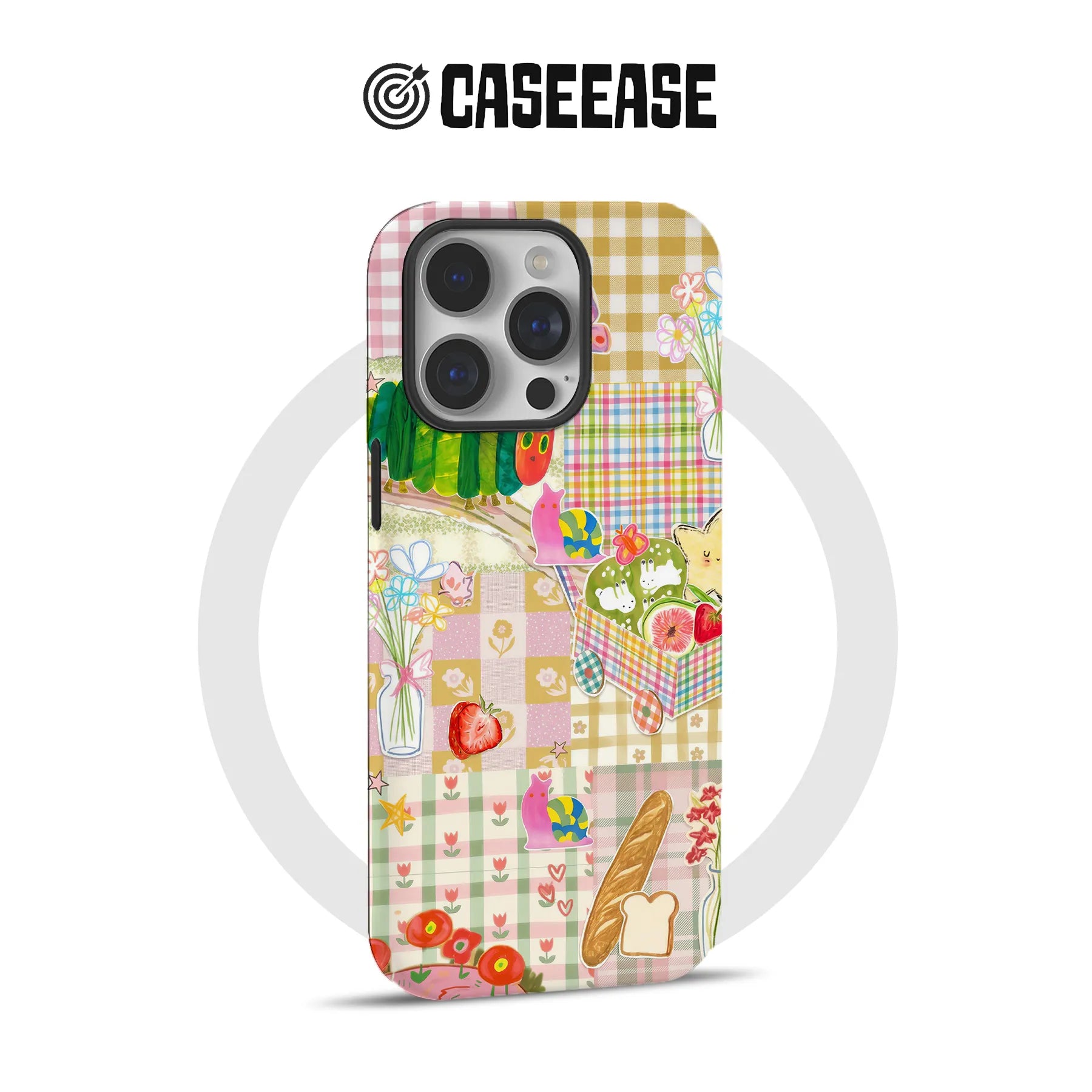 Pastel patchwork phone case with floral, fruit, and snail designs, rear angle