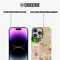 Colorful patchwork phone case front and rear view with raised screen and camera frames