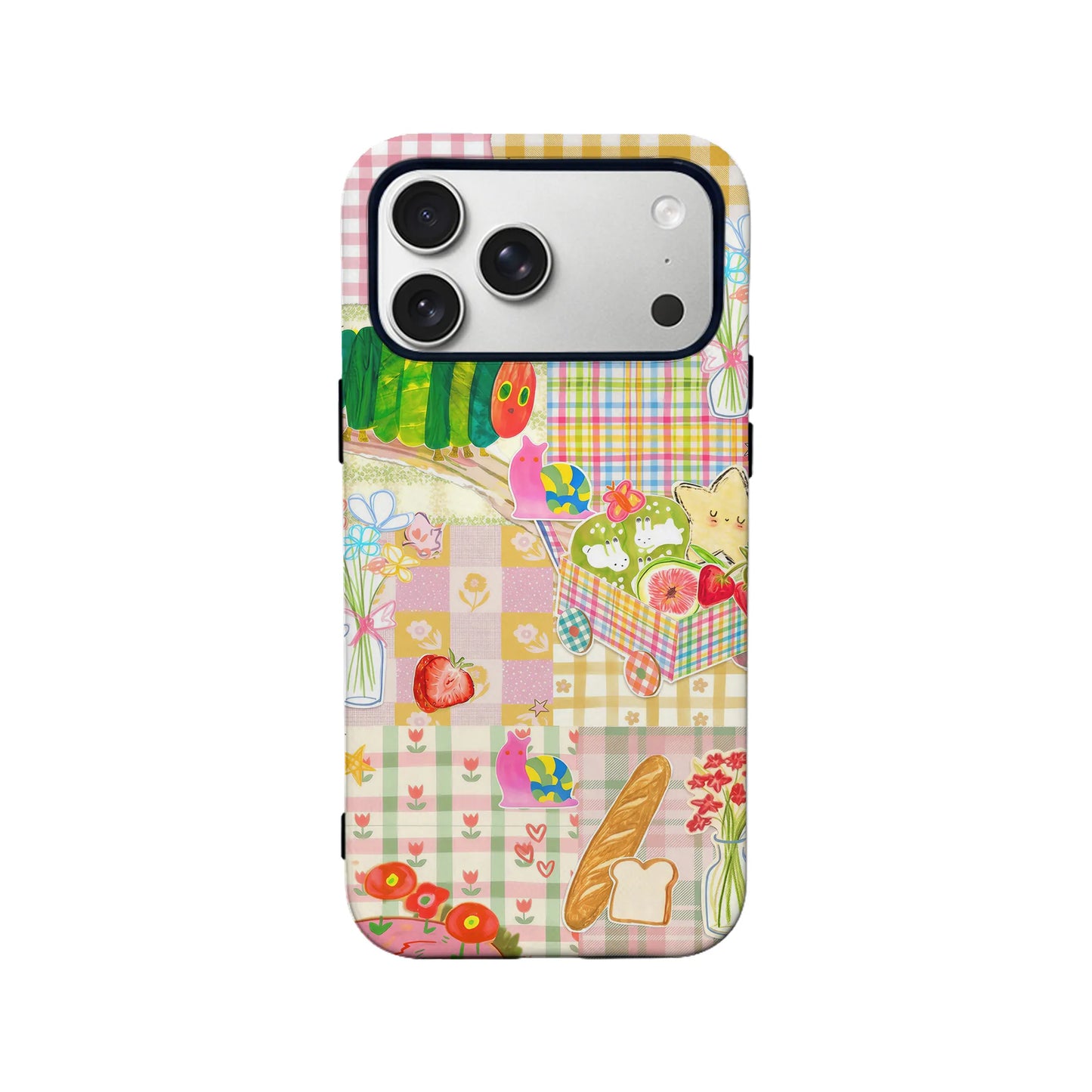 Pastel patchwork picnic illustration phone case shown from back with camera cutout