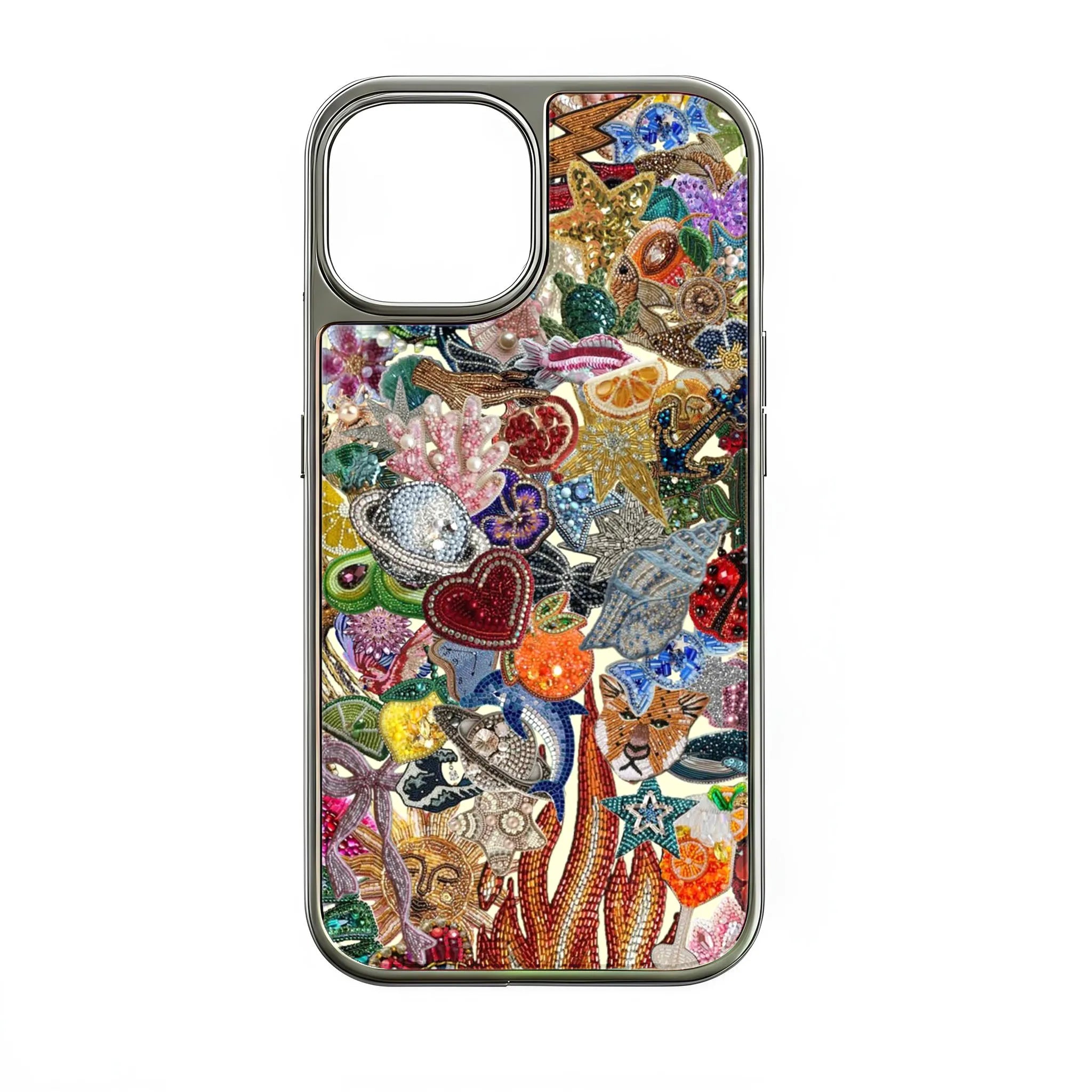 Silver phone case with colorful beaded charm collage, rear angle for product page