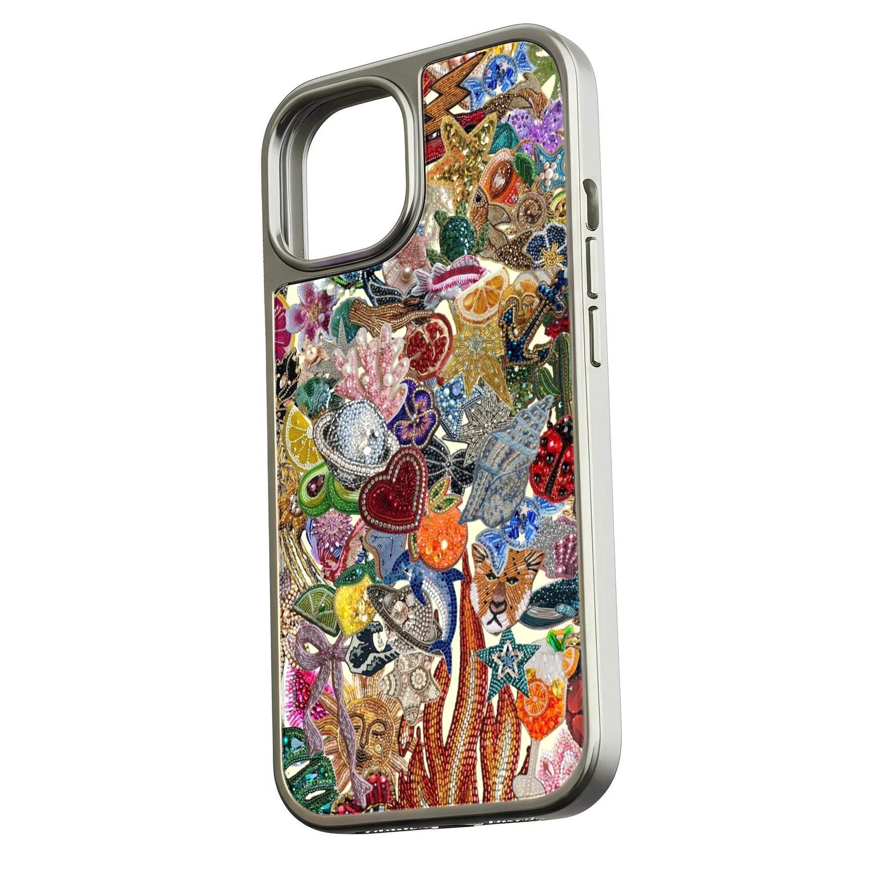 Silver phone case with colorful beaded charm collage, angled rear product view