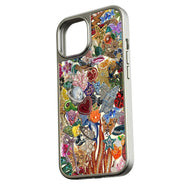 Silver phone case with colorful beaded charm collage, angled rear product view