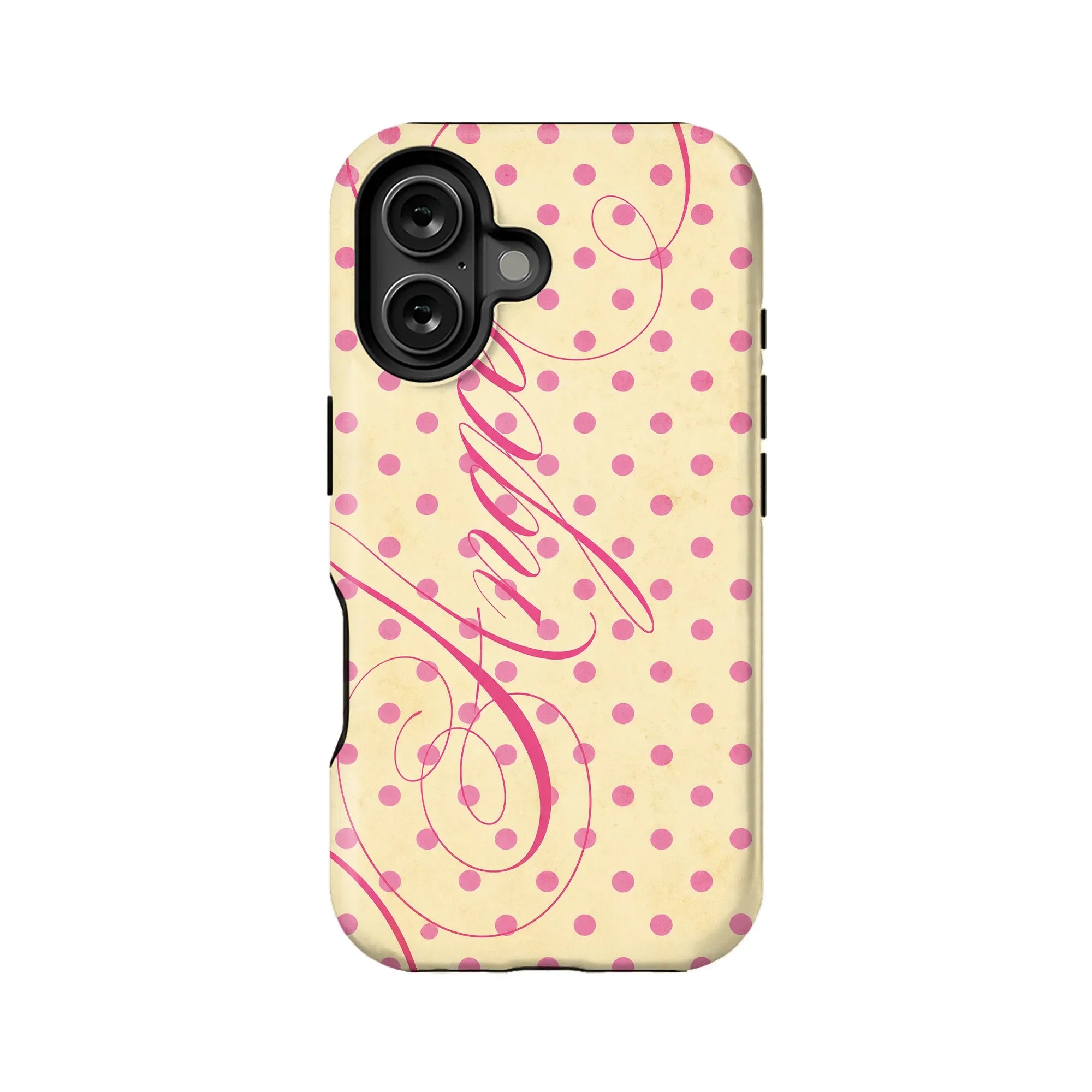 Cream phone case with pink polka dots and script, back angle for dual-camera smartphone
