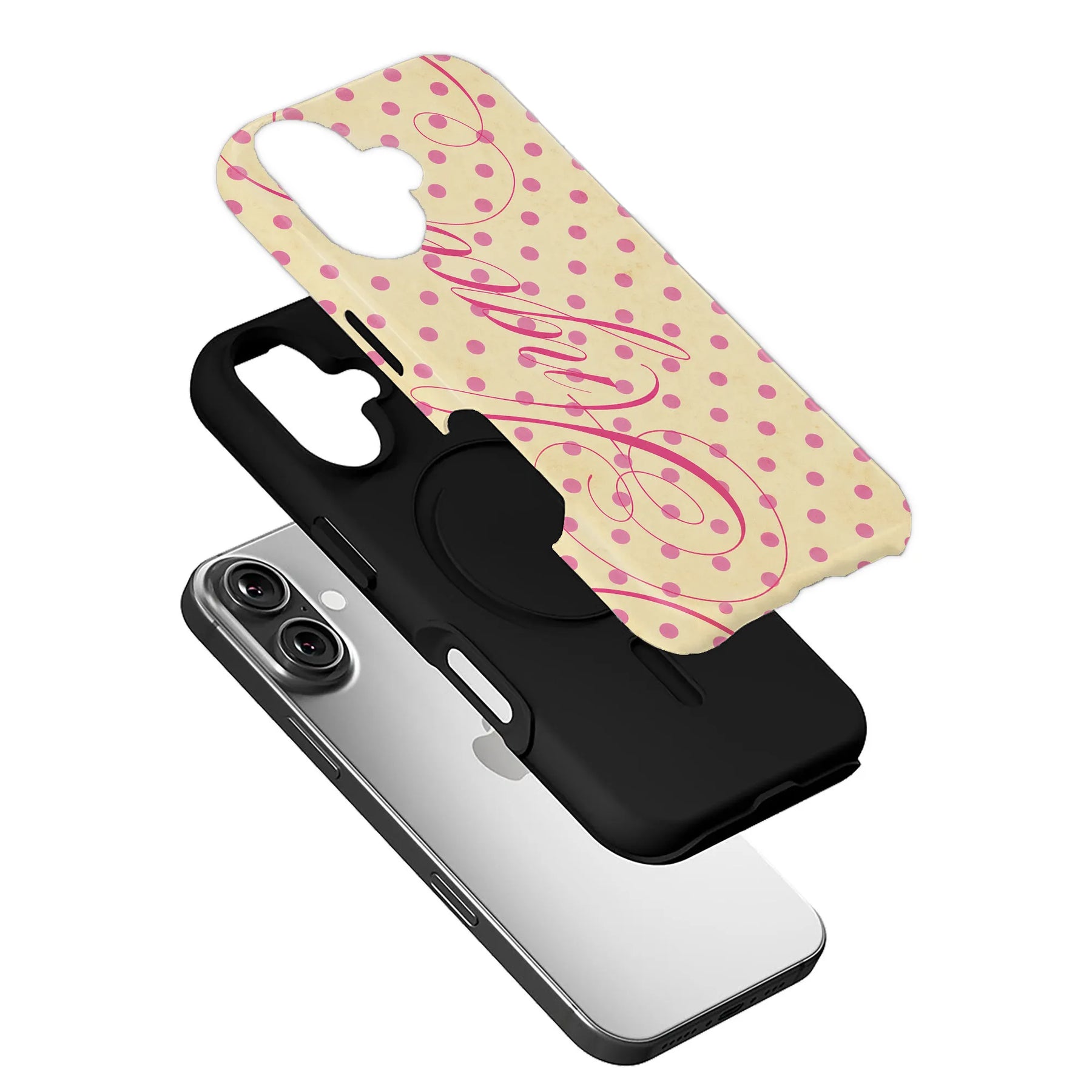 Beige pink polka dot phone case with black base, angled exploded product display