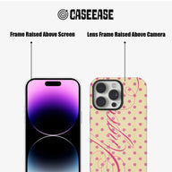 Beige pink polka dot phone case shown front and back with raised screen and camera frames