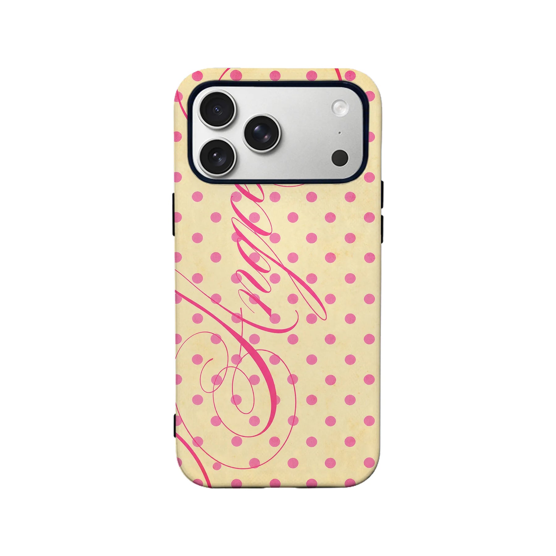 Cream iPhone case with pink polka dots and script, rear product view