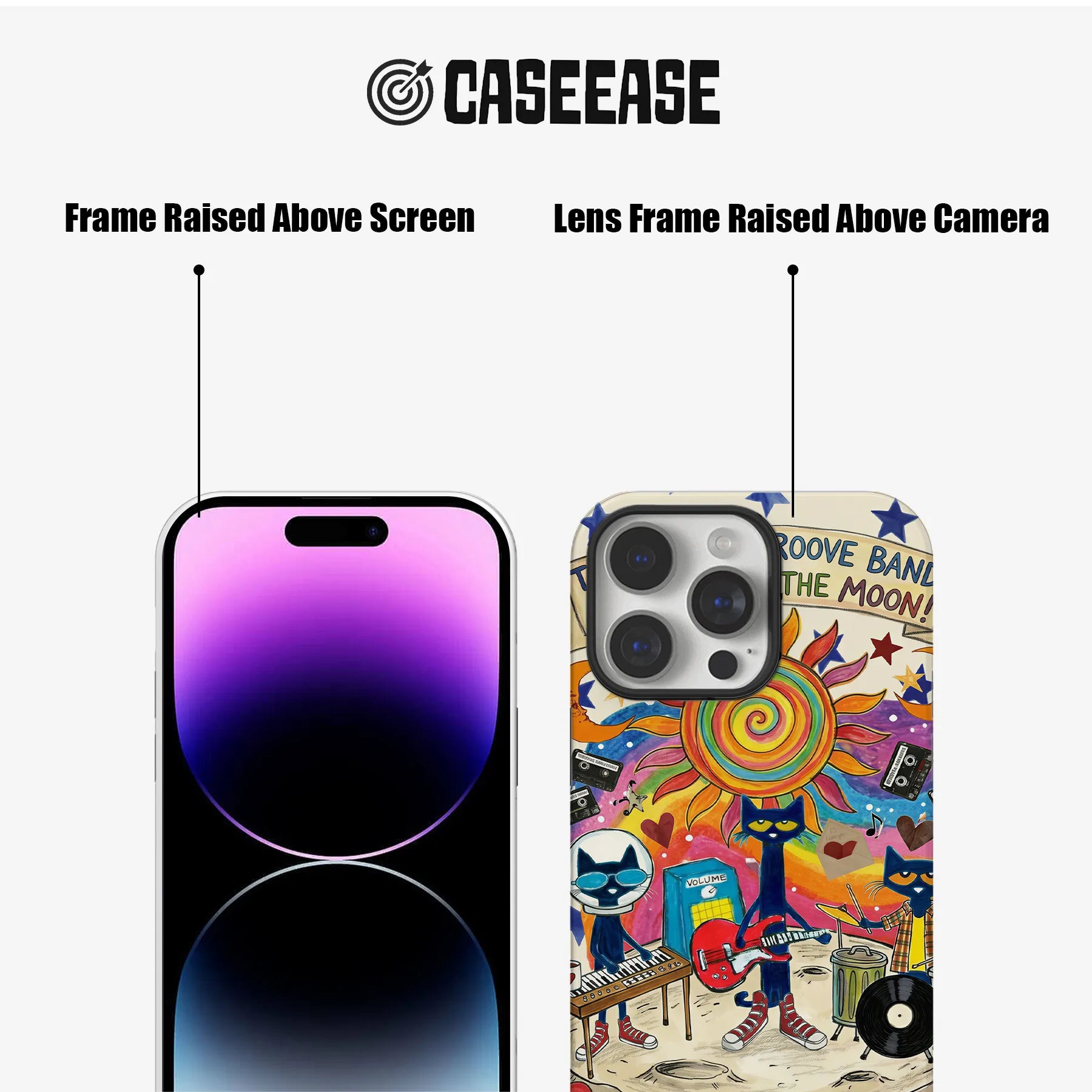 Colorful illustrated phone case front and back showing raised screen and camera frames