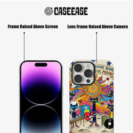 Colorful illustrated phone case front and back showing raised screen and camera frames