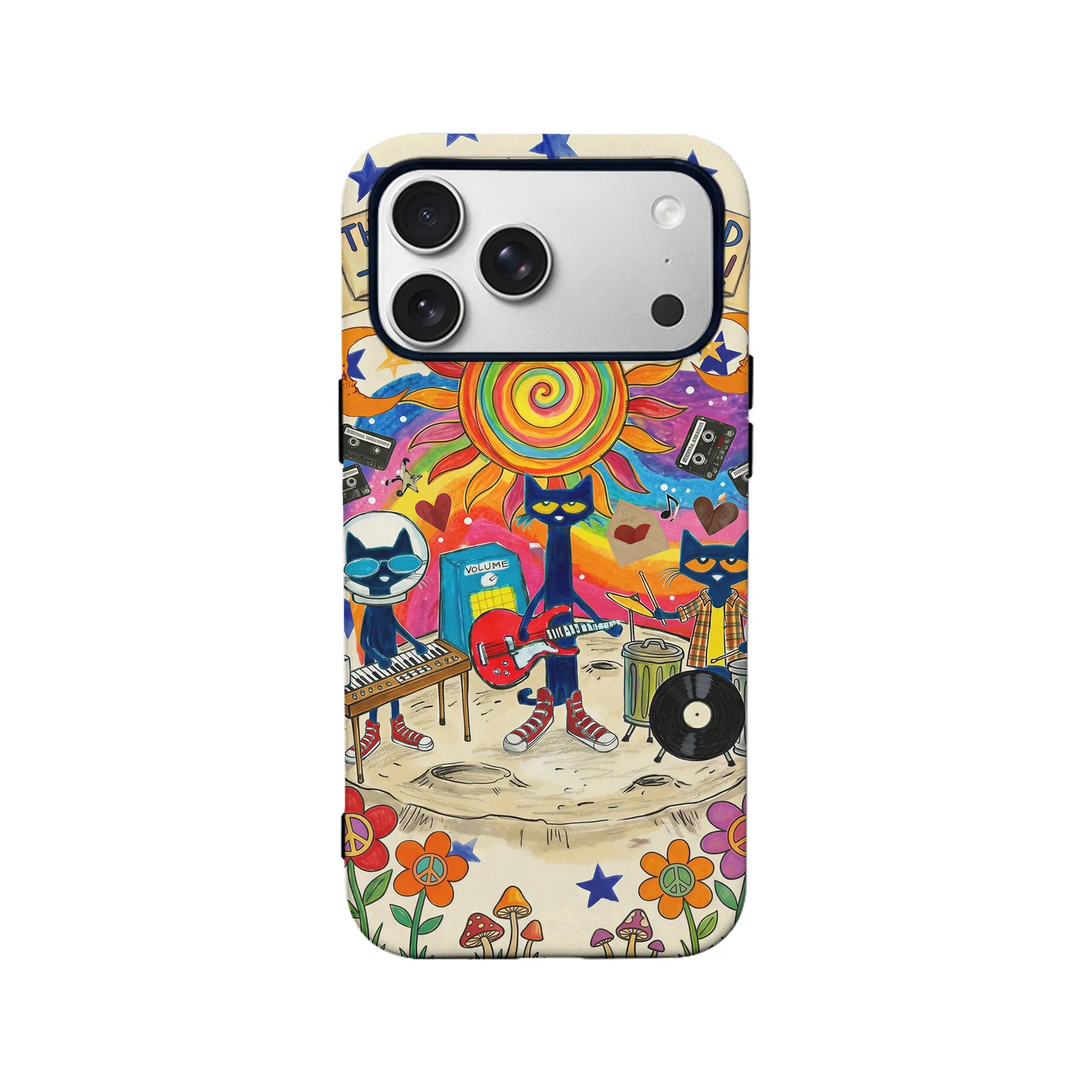 Colorful illustrated cat band phone case, rear angle with camera cutout for Shopify product