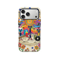 Colorful illustrated cat band phone case, rear angle with camera cutout for Shopify product
