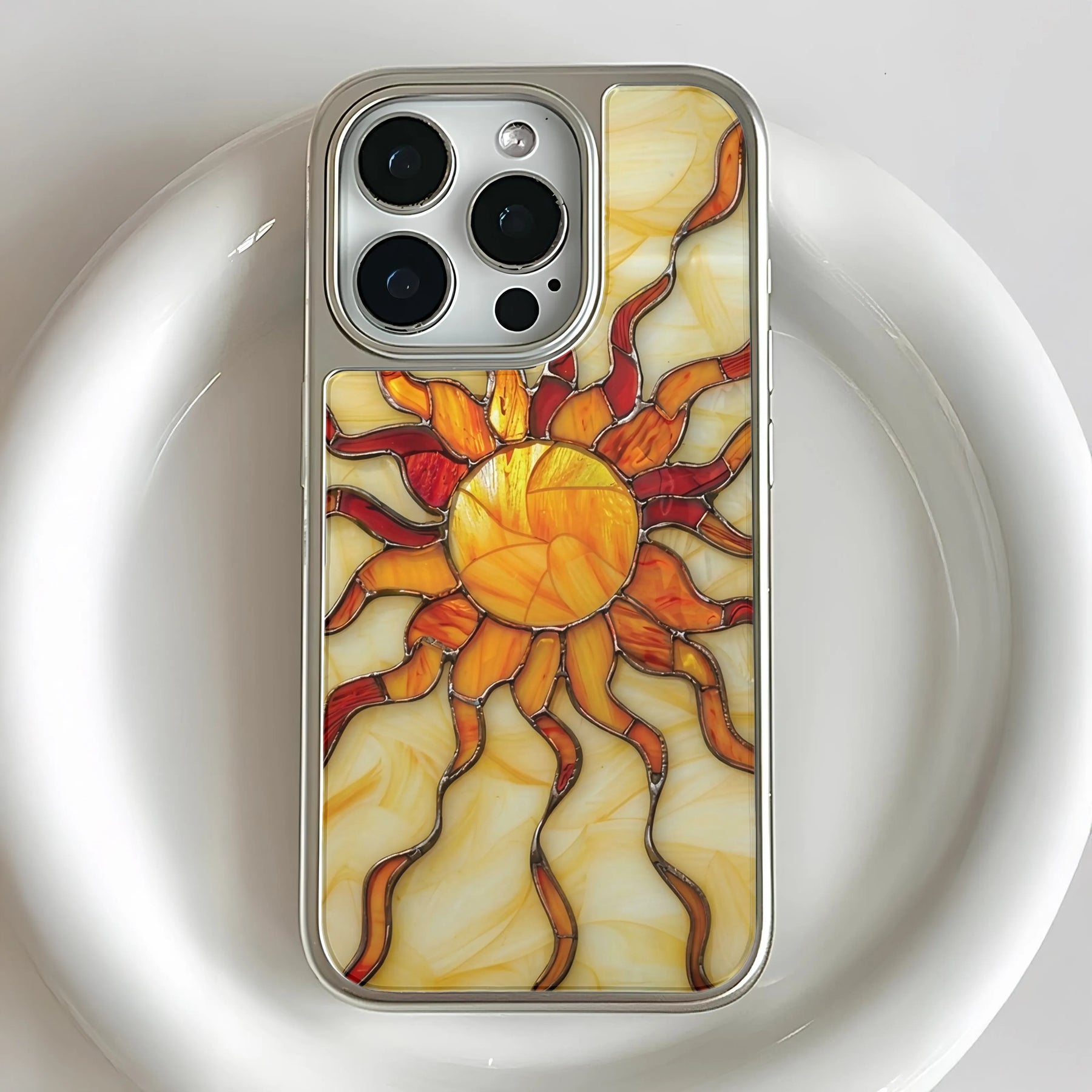 Holographic Chrome Sun Phone Case - Stained Glass Design & Vibrant Colors (Flat Printed Design, Not 3D)