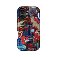 Colorful collage-style phone case back with blue cat, red guitar, and camera cutout