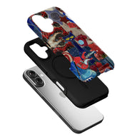 Colorful collage phone case with black inner shell shown in angled exploded view