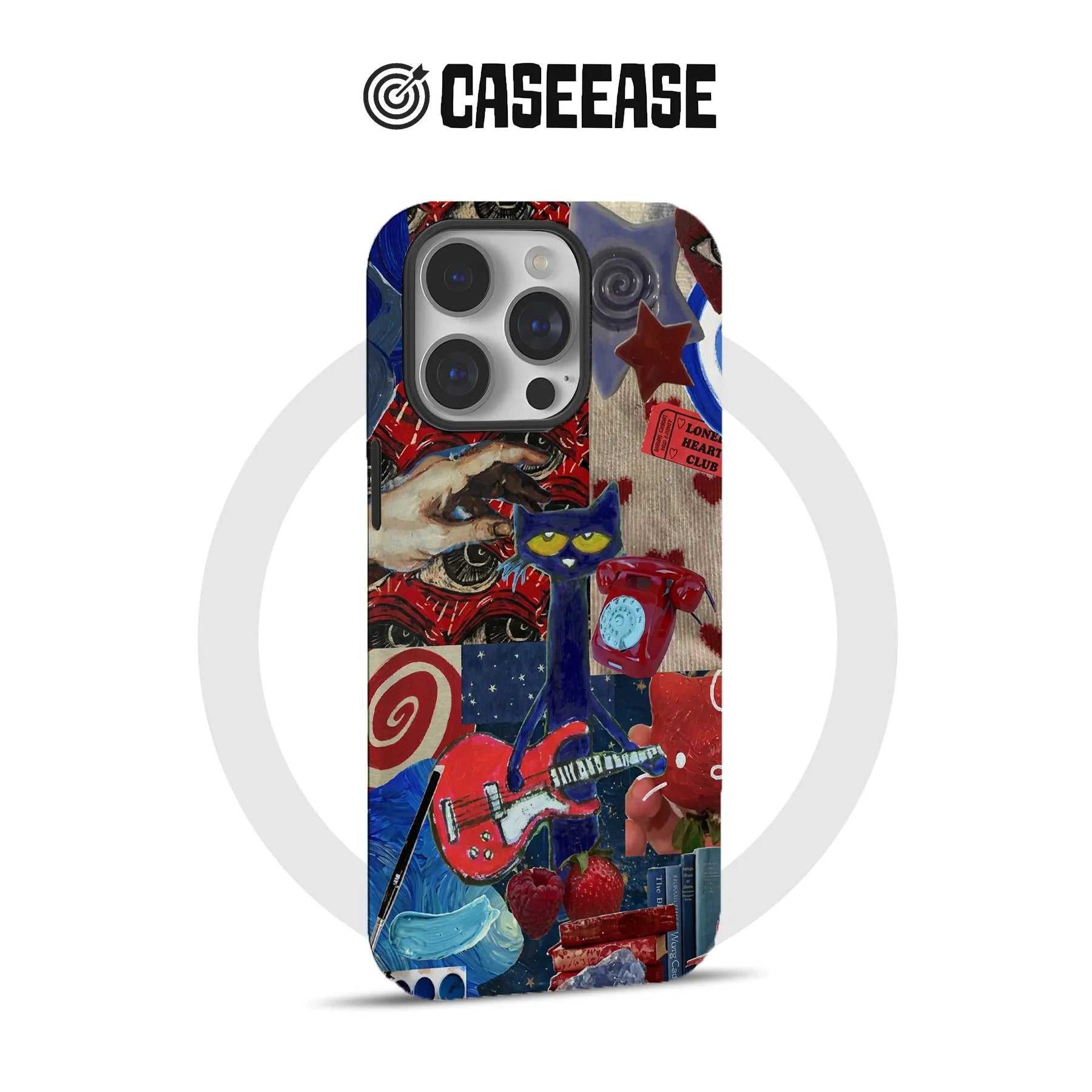 Colorful collage art phone case with cat, guitar, and red telephone, rear view