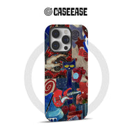Colorful collage art phone case with cat, guitar, and red telephone, rear view