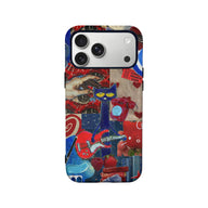 Colorful collage phone case with blue cat guitarist design, rear angle for Shopify product