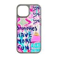 Silver phone case rear view with pink graffiti bows and skeleton artwork