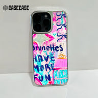 Silver phone case with pink blue graffiti design, rear camera close-up product shot