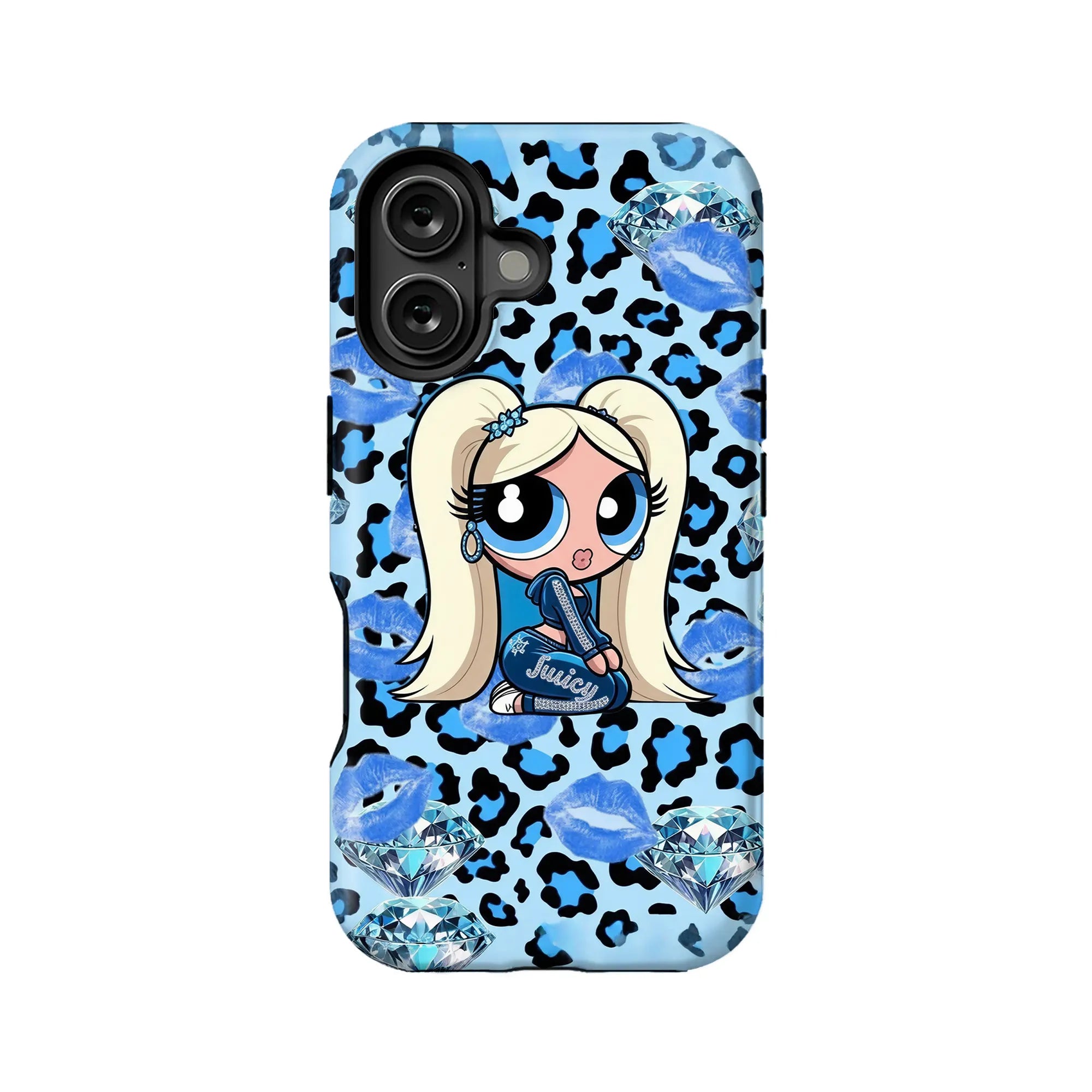 Blue leopard print phone case with cartoon blonde girl, lips and diamonds, rear view