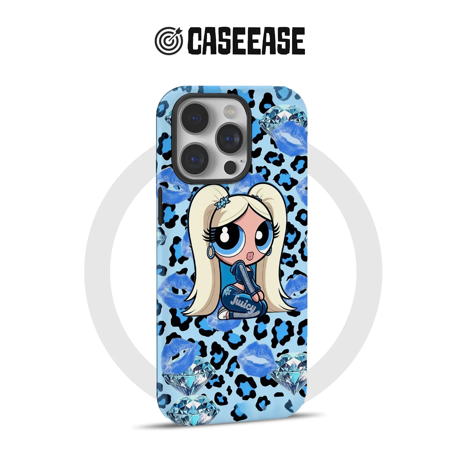 Blue leopard CASEEASE phone case with cartoon blonde, diamonds, rear product view