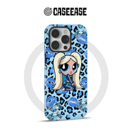 Blue leopard CASEEASE phone case with cartoon blonde, diamonds, rear product view