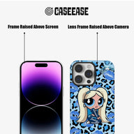 Blue leopard cartoon phone case, rear angle beside front screen, showing raised frames