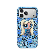 Blue cartoon girl phone case with leopard, lips, diamonds, rear product view