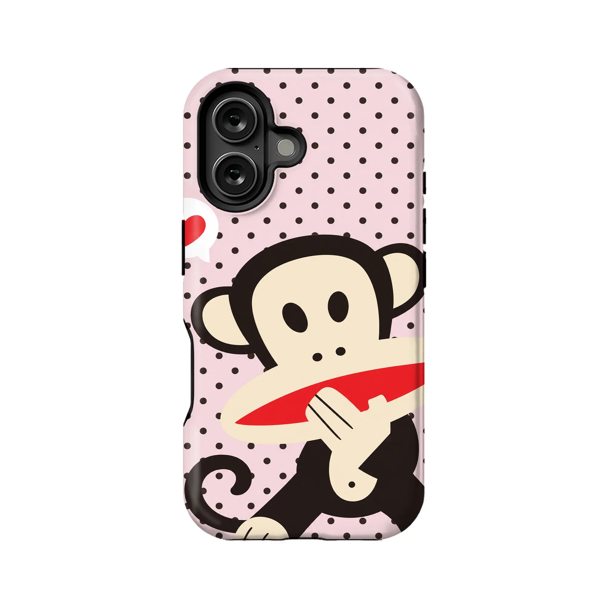 Pink polka dot monkey phone case shown from rear for Shopify product page