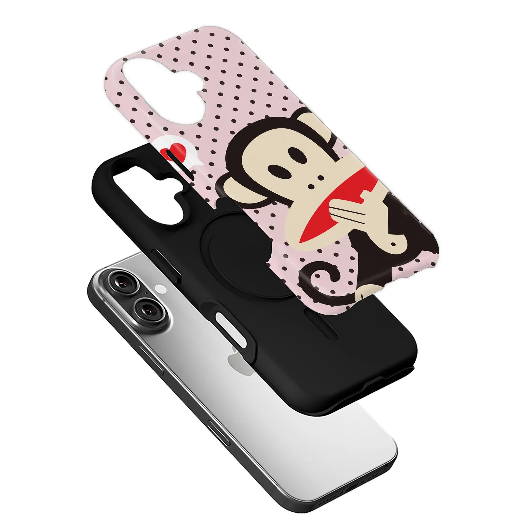 Pink polka dot monkey phone case shown angled above black smartphone shell