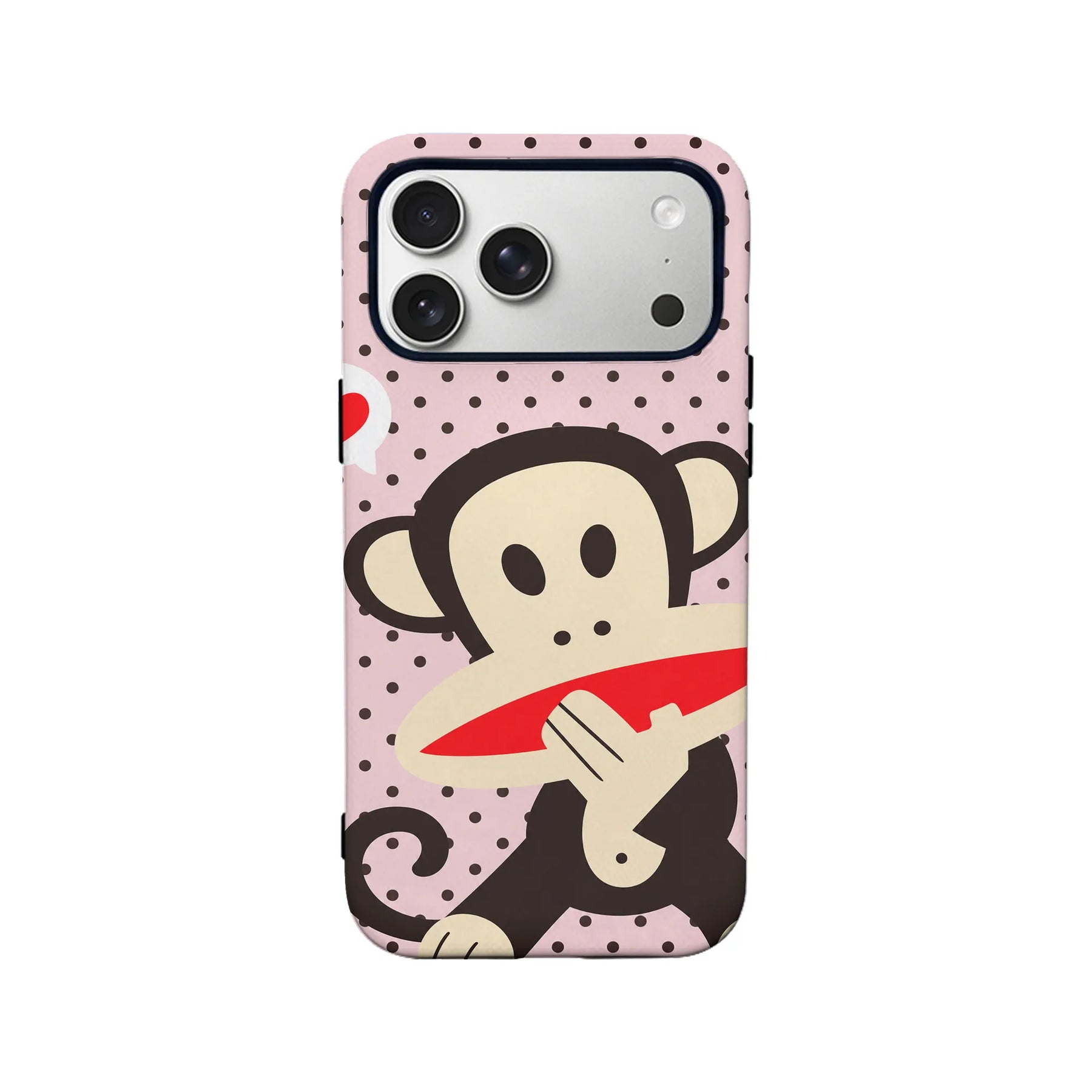Pink polka dot monkey phone case, rear angle with camera cutout