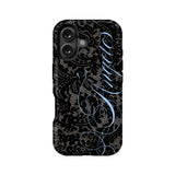 Black lace-pattern phone case with blue script, rear product view for Shopify