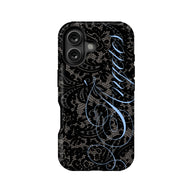 Black lace-pattern phone case with blue script, rear product view for Shopify
