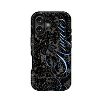 Elegant Black Lace Phone Case with Blue Calligraphy