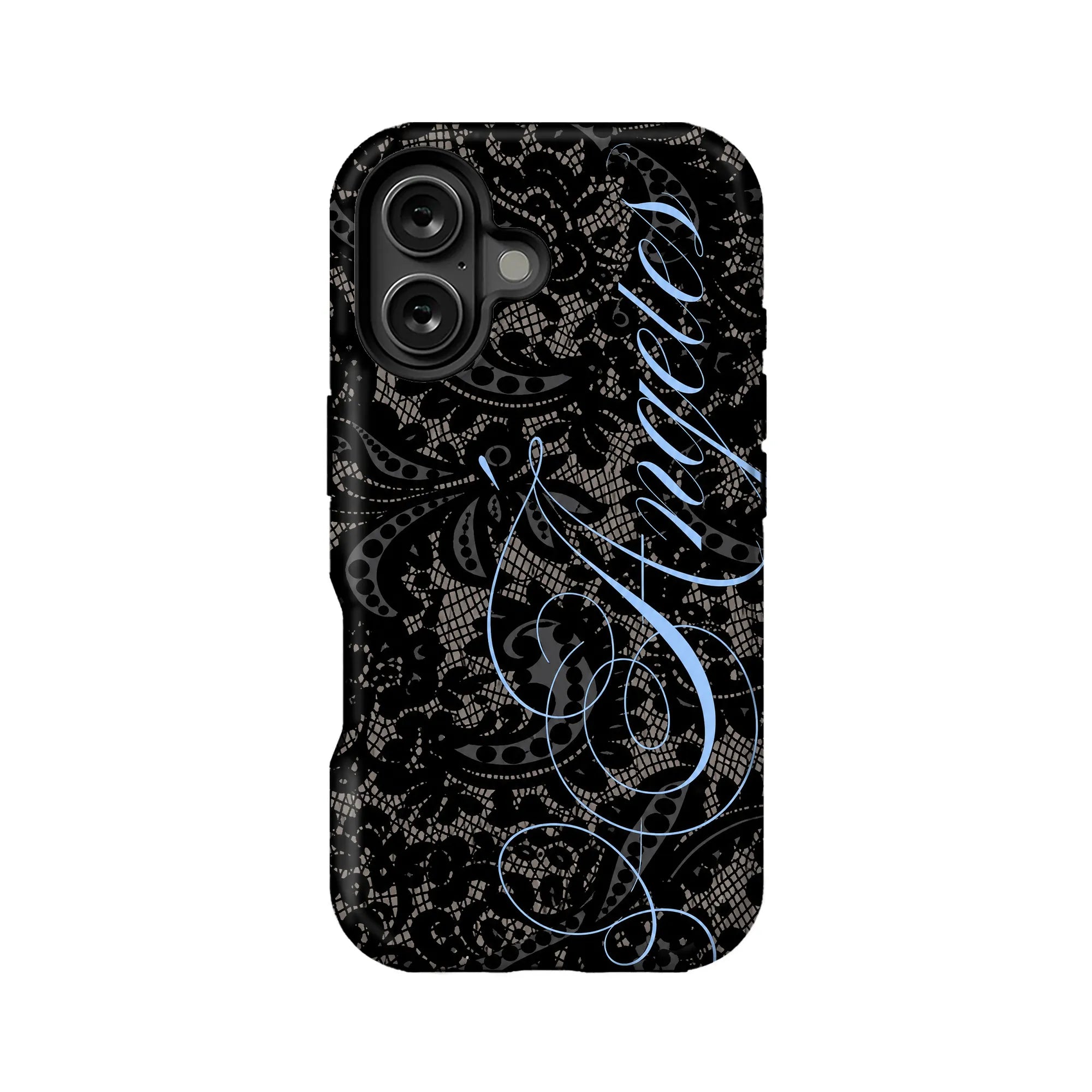 Black lace-pattern phone case with blue script, rear product view for Shopify