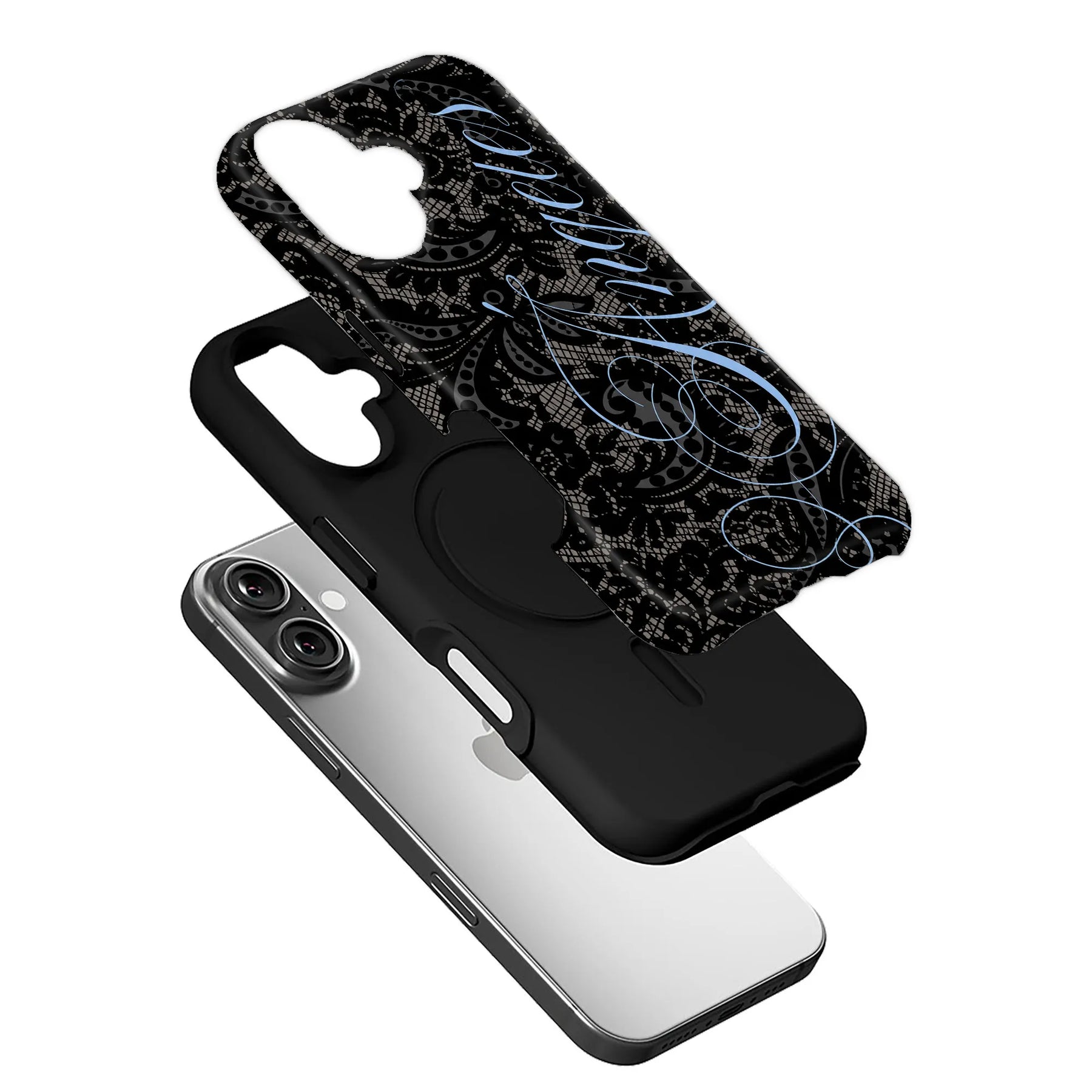 Black lace-pattern phone case with blue script, angled above silver iPhone