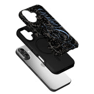 Black lace-pattern phone case with blue script, angled above silver iPhone