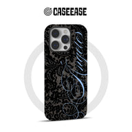 Black lace-style Queen iPhone case with blue script, rear product view