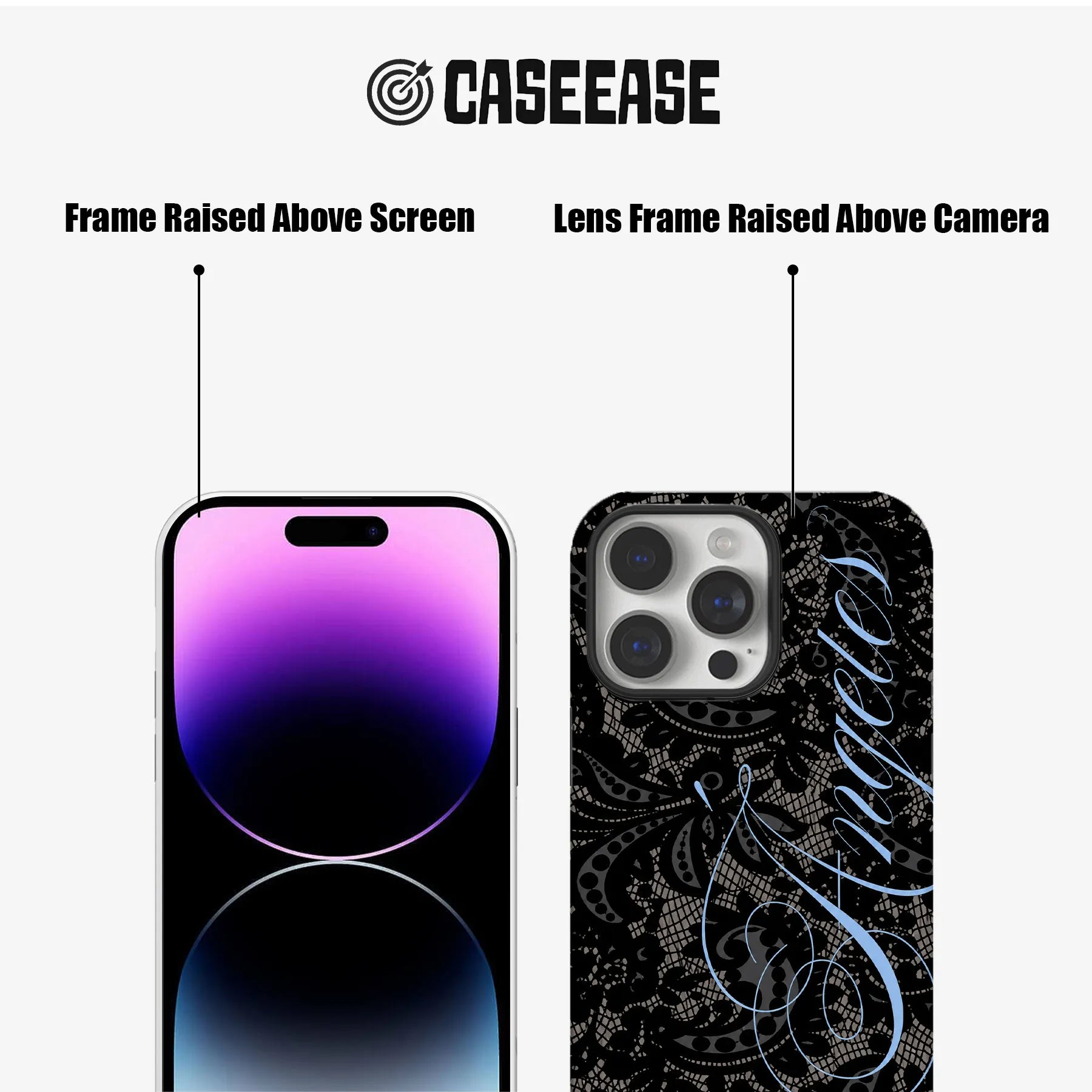 Black lace pattern phone case rear view with raised camera and screen frames