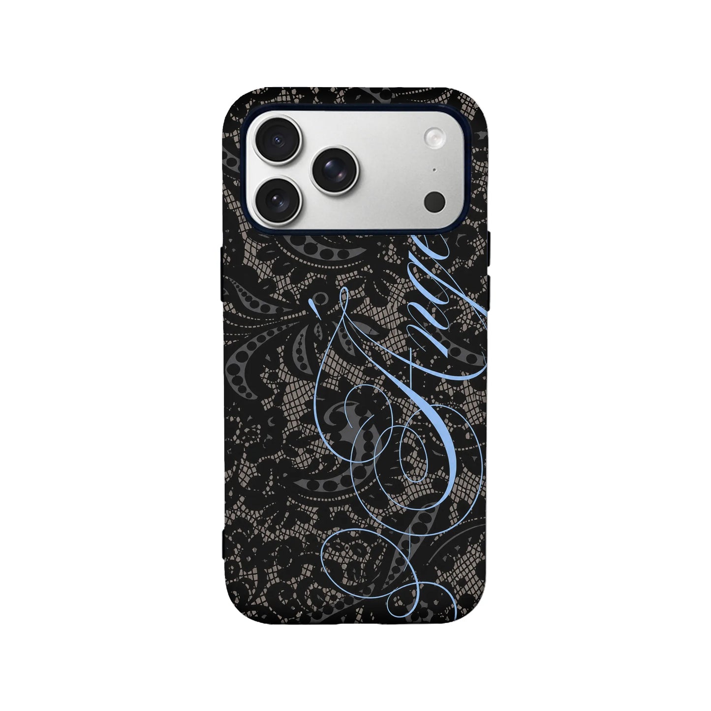 Black lace pattern iPhone case with blue script, rear camera close-up view