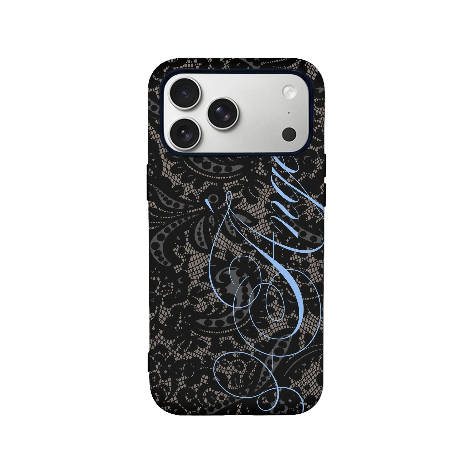 Black lace pattern iPhone case with blue script, rear camera close-up view