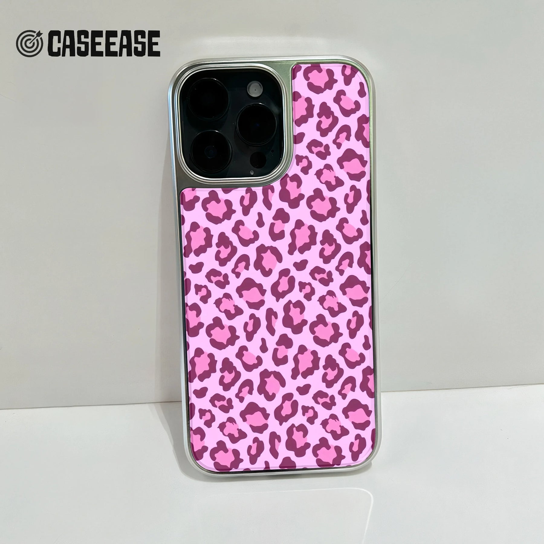 Holographic Chrome Pink Leopard Phone Case for iPhone 15 Pro - Stylish Animal Print